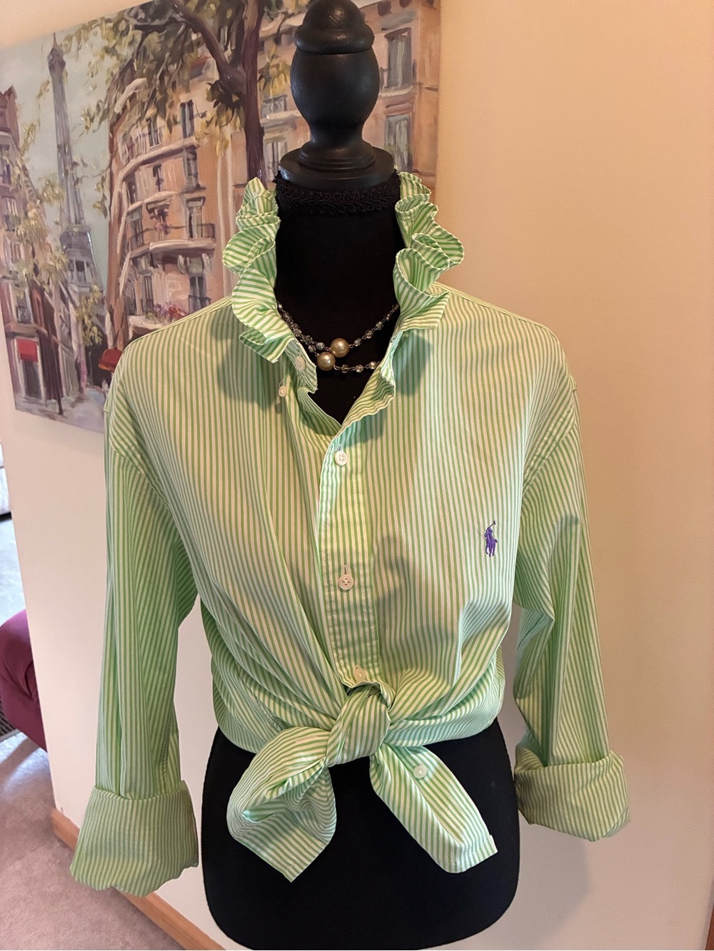 Ralph Lauren Light Green & White Striped Ruffled-Collar Button Down Shirt